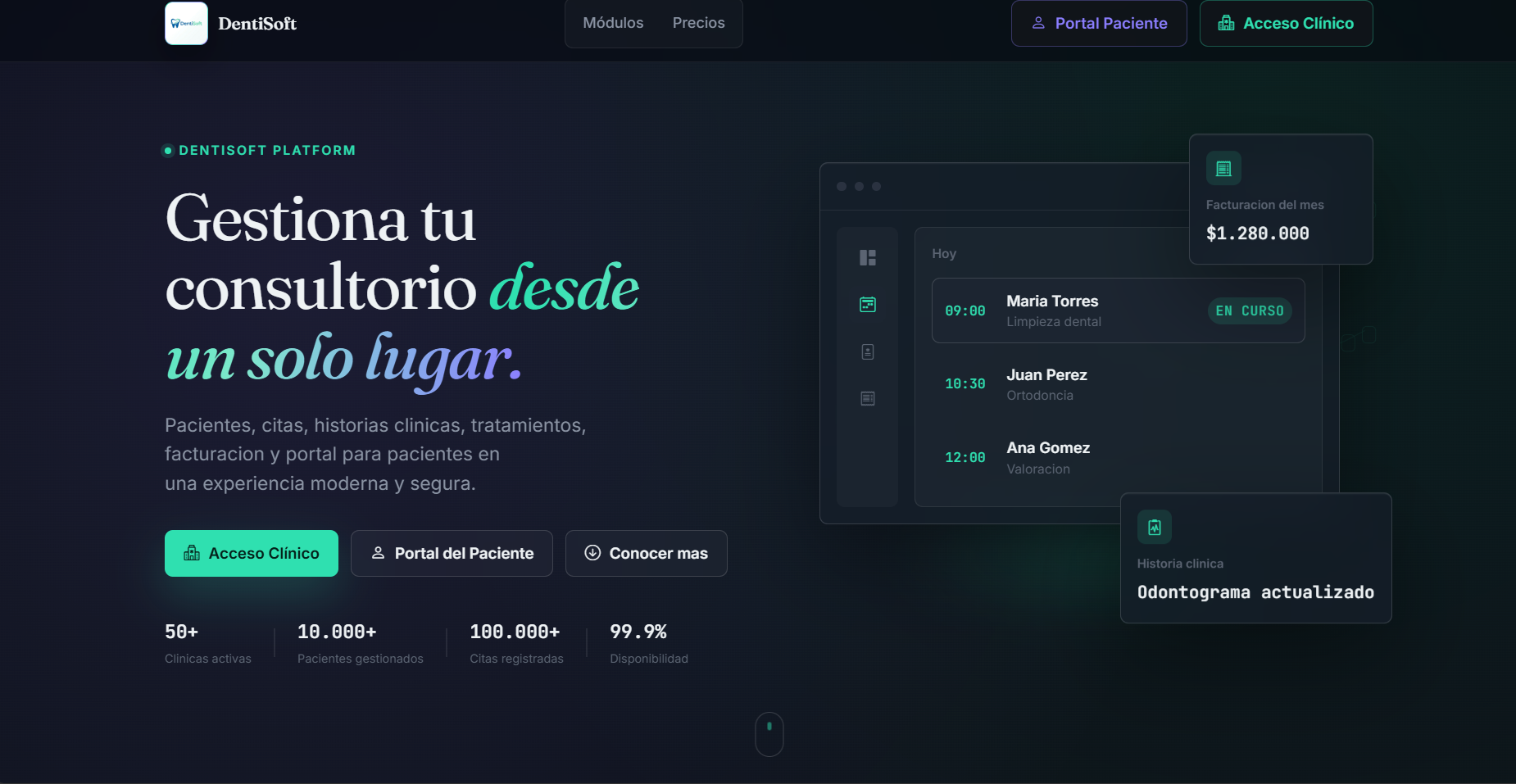 Página de inicio real de DentiSoft